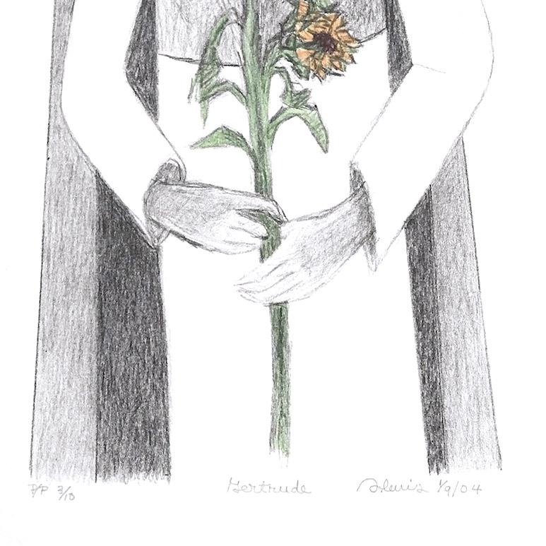 GERTRUDE, de la artista afroamericana Samella Lewis, es una litografía original dibujada a mano e impresa mediante técnicas litográficas manuales con detalles coloreados a mano sobre papel de archivo Rives BFK, 100% libre de ácido. GERTRUDE es un
