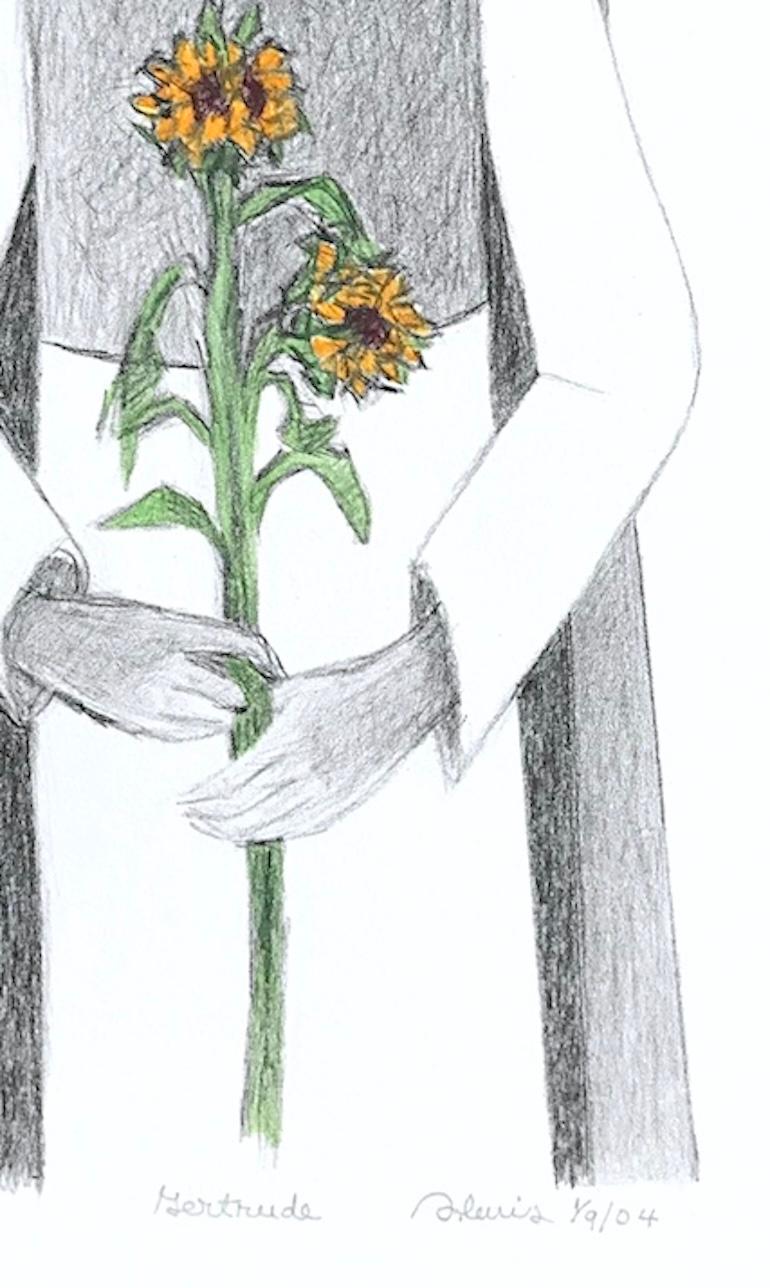 GERTRUDE Litografía Dibujada a Mano, Retrato de Joven Negra, Girasol en venta 2