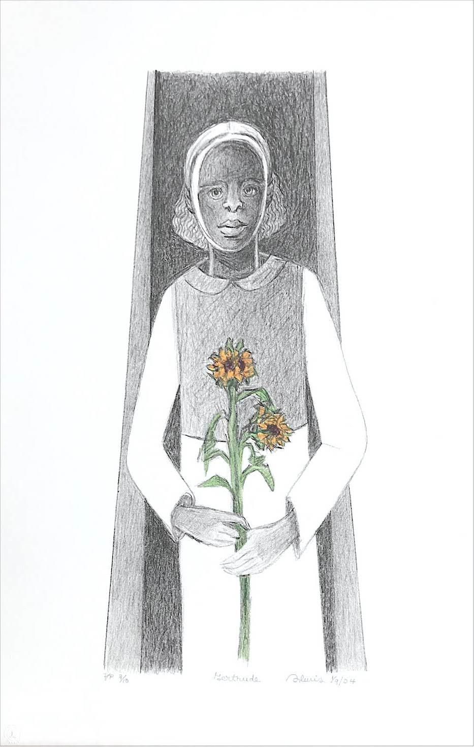 GERTRUDE Hand Drawn Lithograph, Young Black Girl Portrait, Sunflower