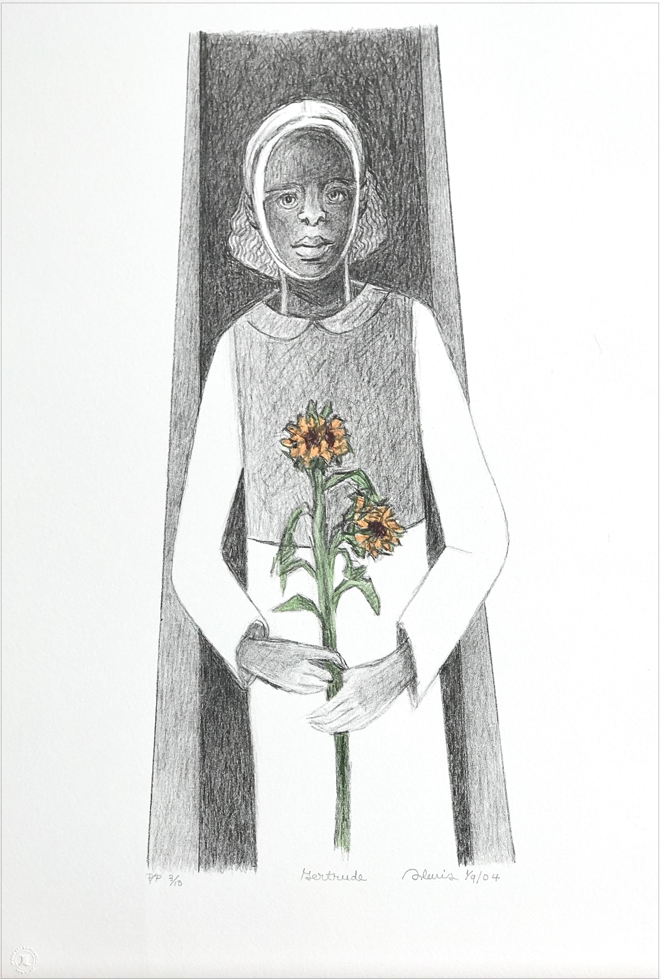 Samella Lewis Interior Print - GERTRUDE Hand Drawn Lithograph, Young Black Girl Portrait, Sunflower
