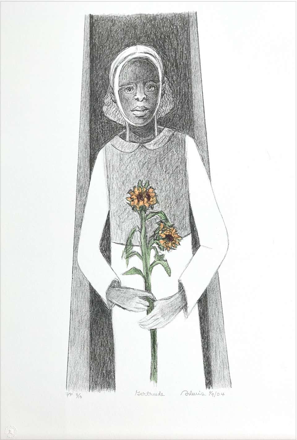 "GERTRUDE Hand Drawn Lithograph, Young Black Girl Portrait, 2004"