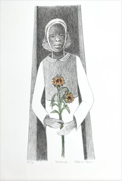 GERTRUDE Hand Drawn Lithograph, Young Black Girl Portrait, Sunflower