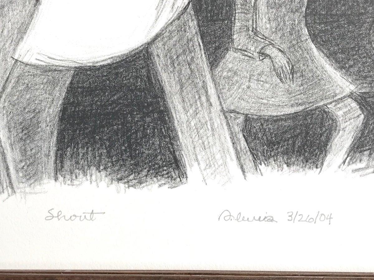 SHOUT, de la artista afroamericana Samella Lewis, es una litografía original dibujada a mano e impresa mediante técnicas de litografía manual en papel de archivo Rives BFK, 100% libre de ácido. SHOUT representa una reunión eclesiástica en la que