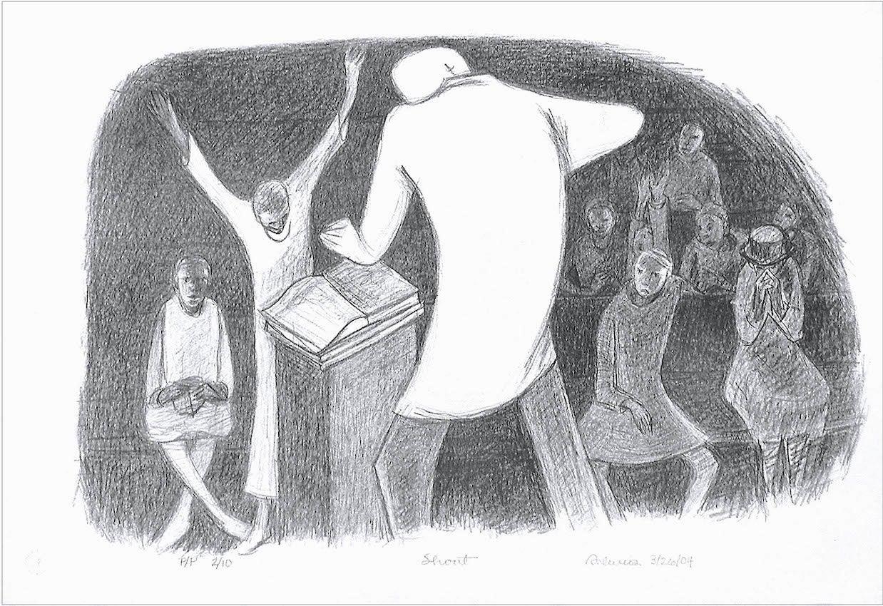 SHOUT Litografía firmada, Predicador Iglesia Negra, Cultura Afroamericana