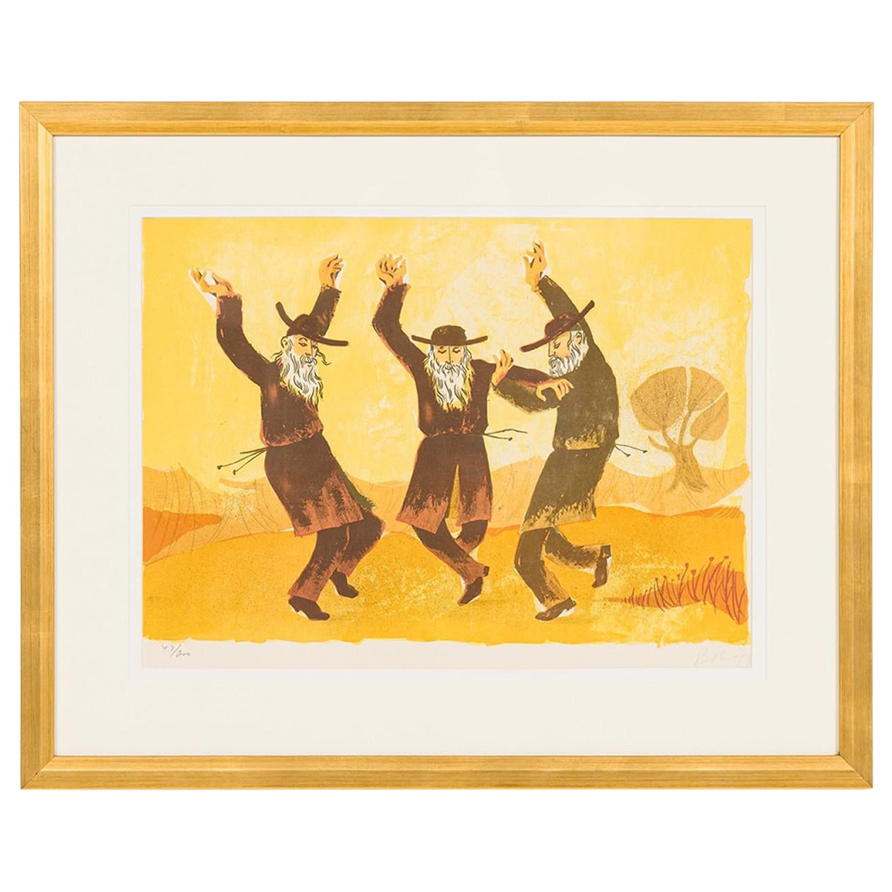 Sami Briss lithograph of three Jewish men dancing For Sale