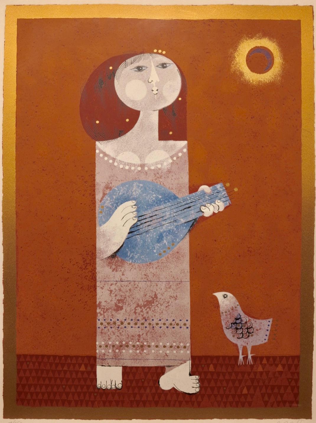 Sami Briss Figurative Print - Guitarist with Bird