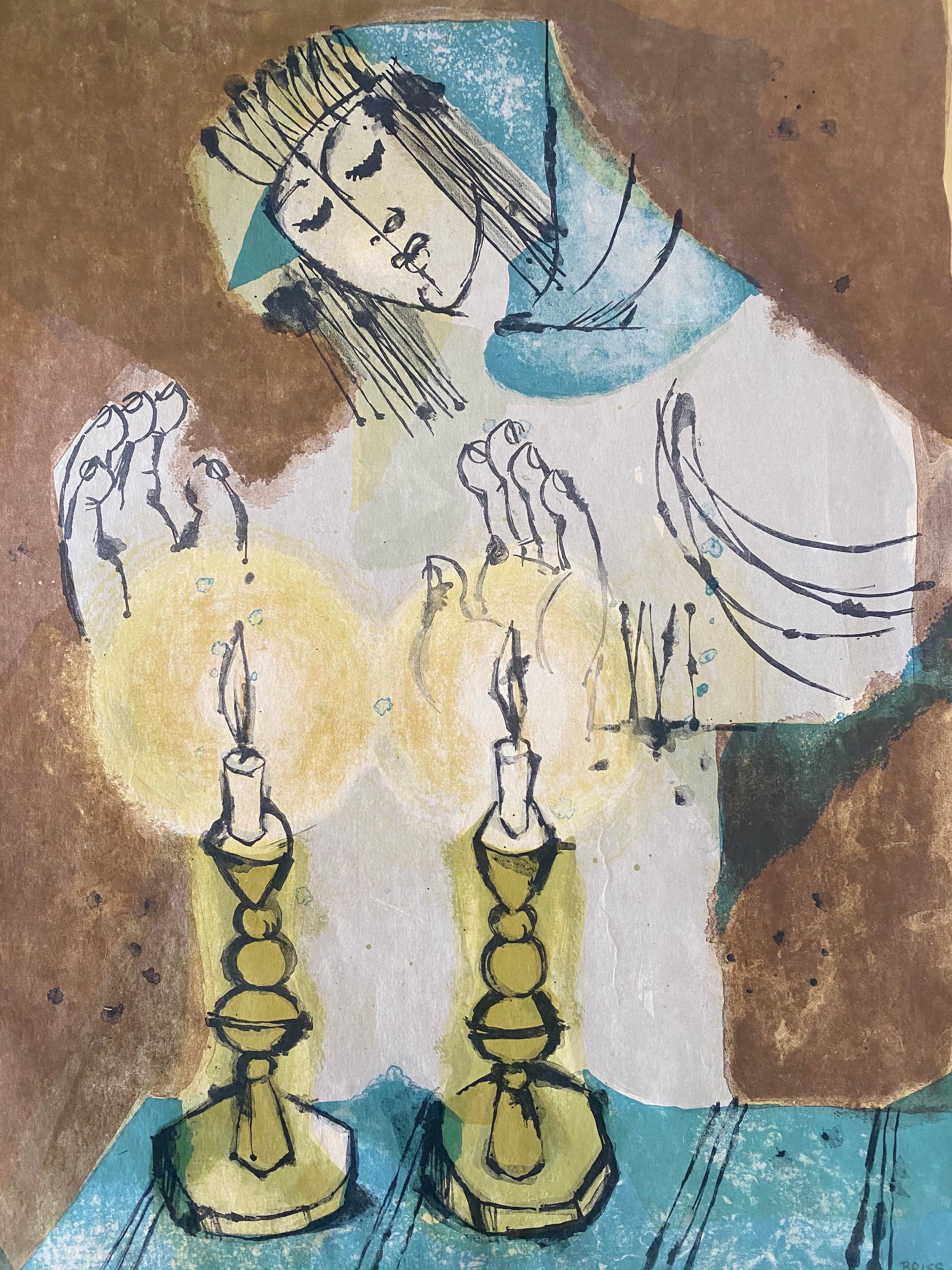 Israeli Modernist Judaica Candle Lighting Lithograph  - Print by Sami Briss