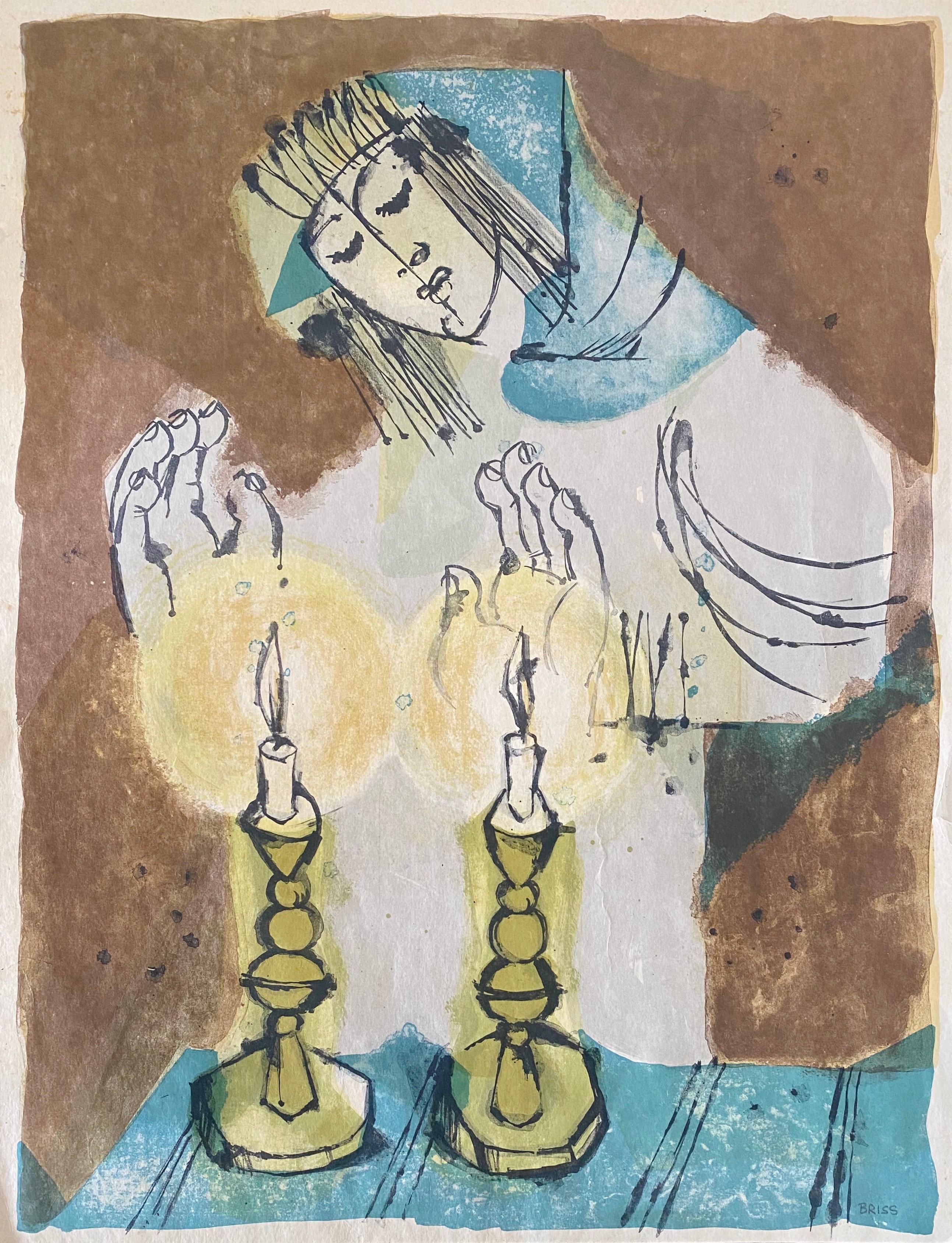 Sami Briss Figurative Print - Israeli Modernist Judaica Candle Lighting Lithograph 