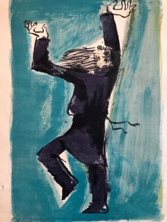 Vintage Israeli Modernist Judaica Chabad Hasidic Dancer Lithograph 