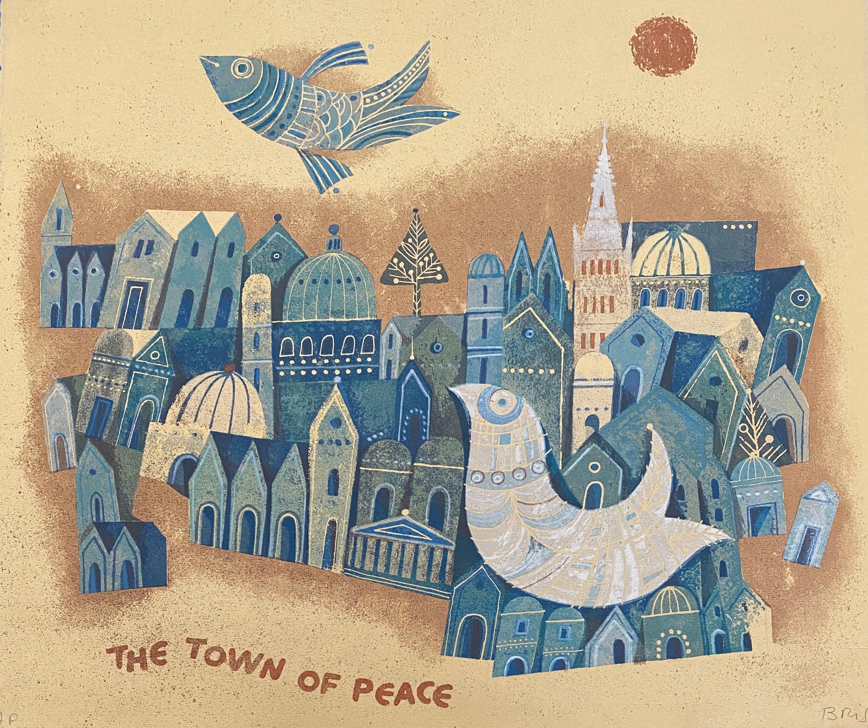Israeli Modernist Judaica Lithograph - The Town Of Peace - Print by Sami Briss