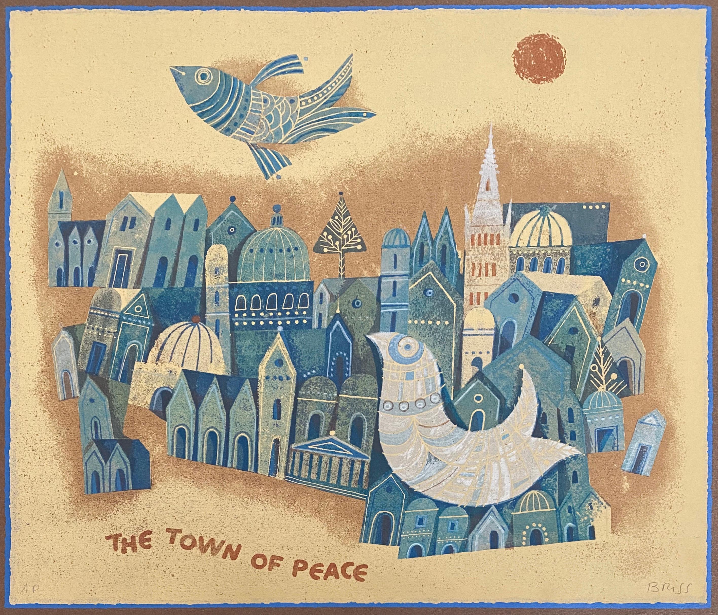 Sami Briss Figurative Print - Israeli Modernist Judaica Lithograph - The Town Of Peace 