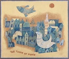 Vintage Israeli Modernist Judaica Lithograph - The Town Of Peace 
