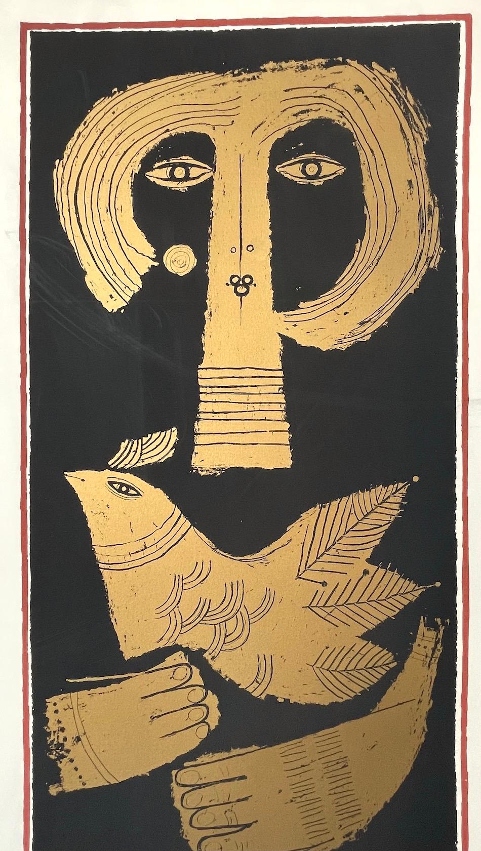 MUJER SOSTENIENDO UNA PALOMA 1984 Póster original serigrafiado, negro mate, dorado metalizado - Print de Sami Briss