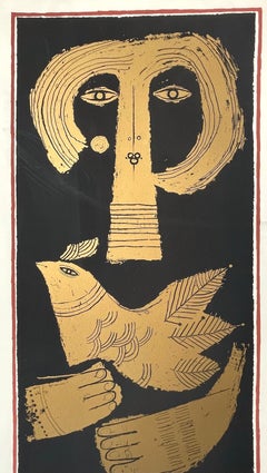 WOMAN HOLDING A DOVE 1984 Original Silkscreen Poster, Matte Black, Metallic Gold