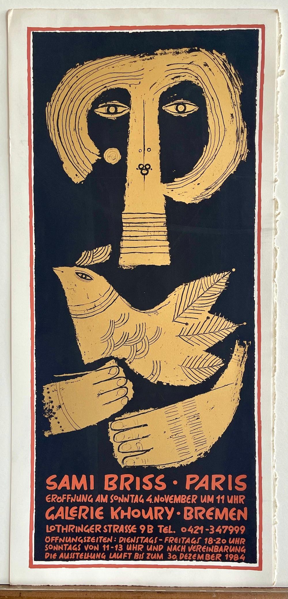 MUJER SOSTENIENDO UNA PALOMA es un póster serigrafiado de edición limitada del artista Sami Briss, impreso a mano en tres colores: negro mate, dorado metálico y marrón anaranjado sobre papel de impresión de archivo de alto gramaje, 100% libre de