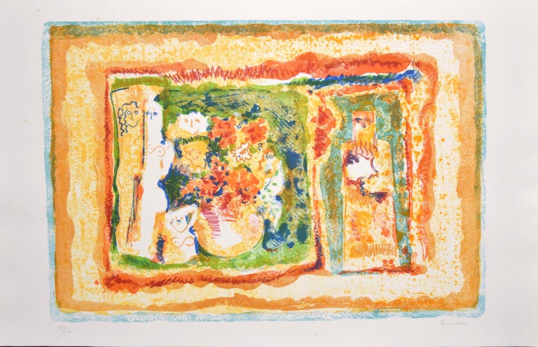 Figura con flores es una litografía original realizada por Sami Burhan en 1969.

Firmado a mano, fechado y numerado, edición de 72/100 copias, en la parte inferior izquierda, a lápiz.

Este grabado representa una figura con flores dentro de un marco