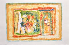 Figure with Flowers - Original Lithograph by Sami Burhan - 1969