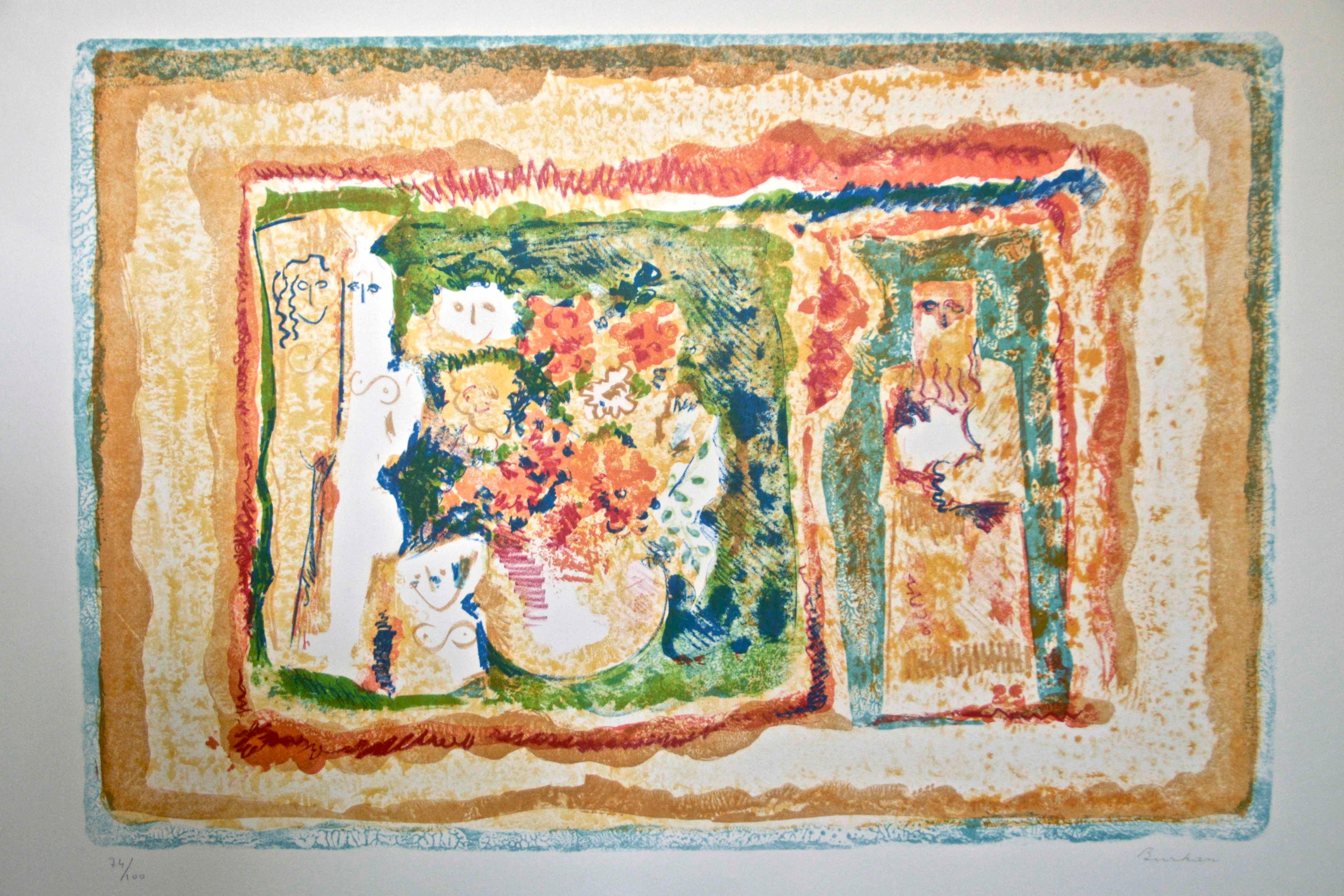 Fleurs et dieux nus - Lithographie de Sami Burhan - 1970