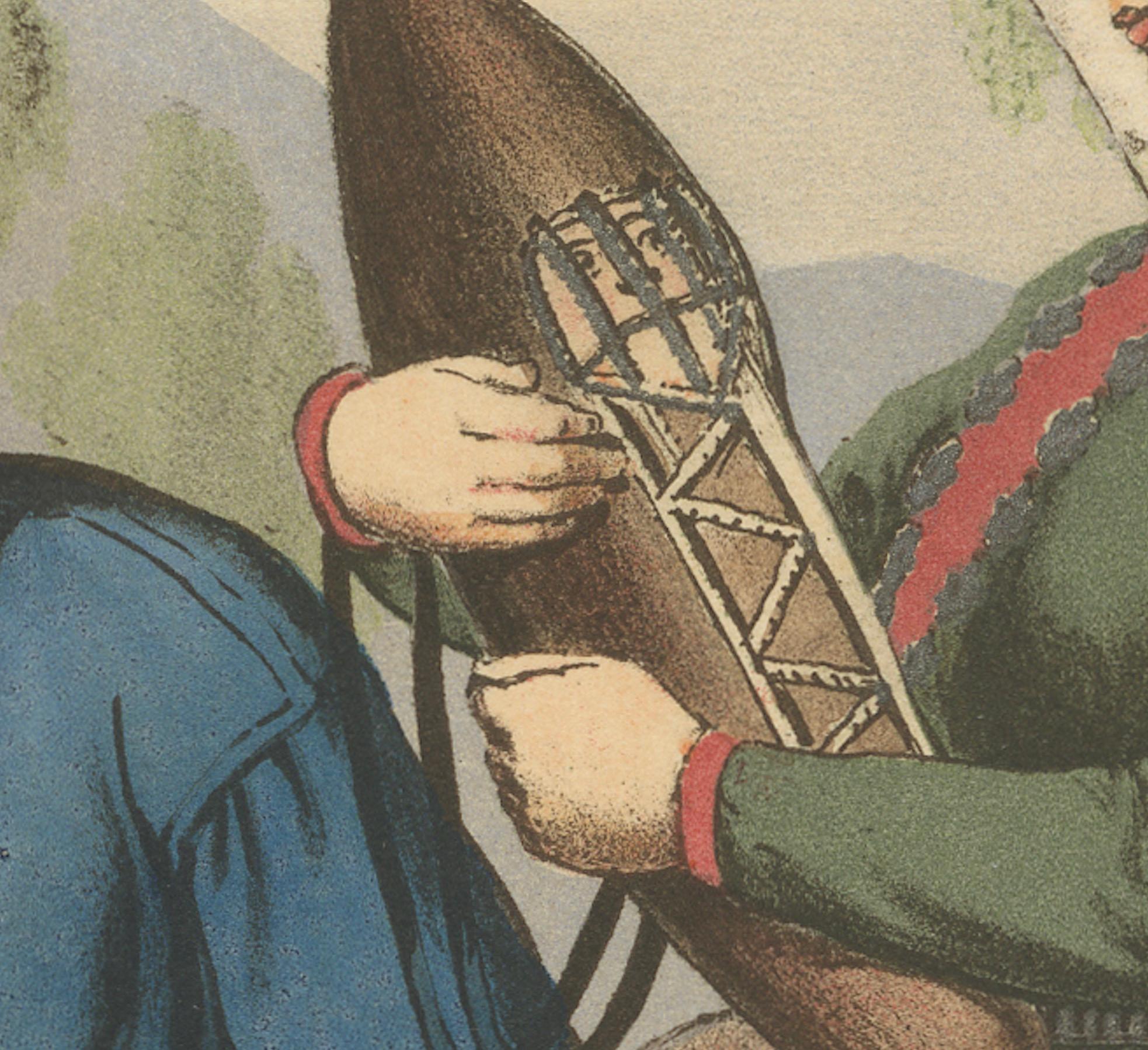 Laplander Costumes from Helgeland – Tonsberg Edition, 1860s

Description:
This rare and colorful 19th-century chromolithograph depicts a man and woman in traditional Sámi (Laplander) dress from Helgeland, a region in northern Norway known for its