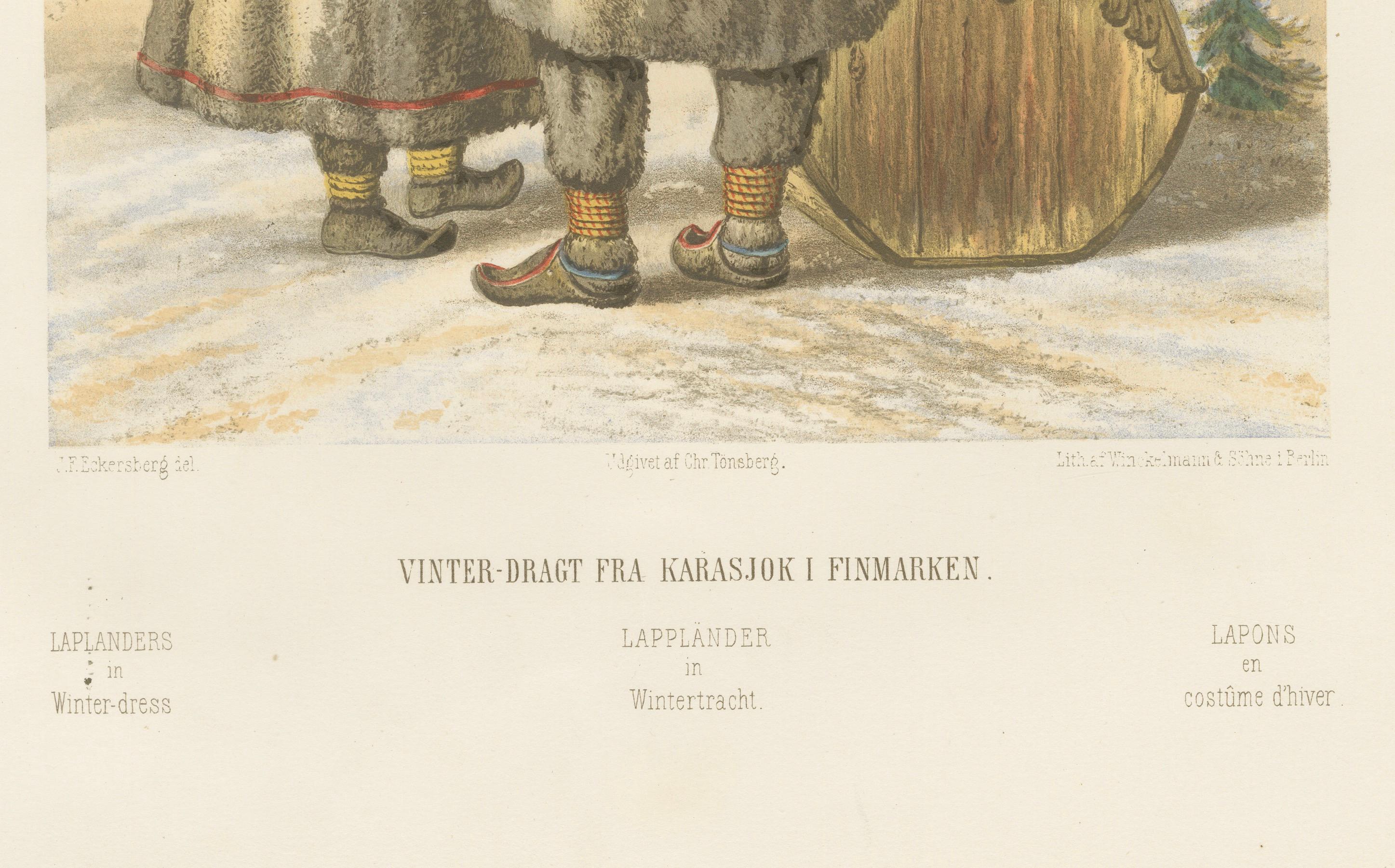 Laplanders in Winter Dress from Karasjok, Finmarken – Tonsberg Edition, 1860s

This atmospheric 19th-century chromolithograph portrays a Sámi couple in traditional winter dress from Karasjok in the Finmark region of northern Norway, a remote Arctic