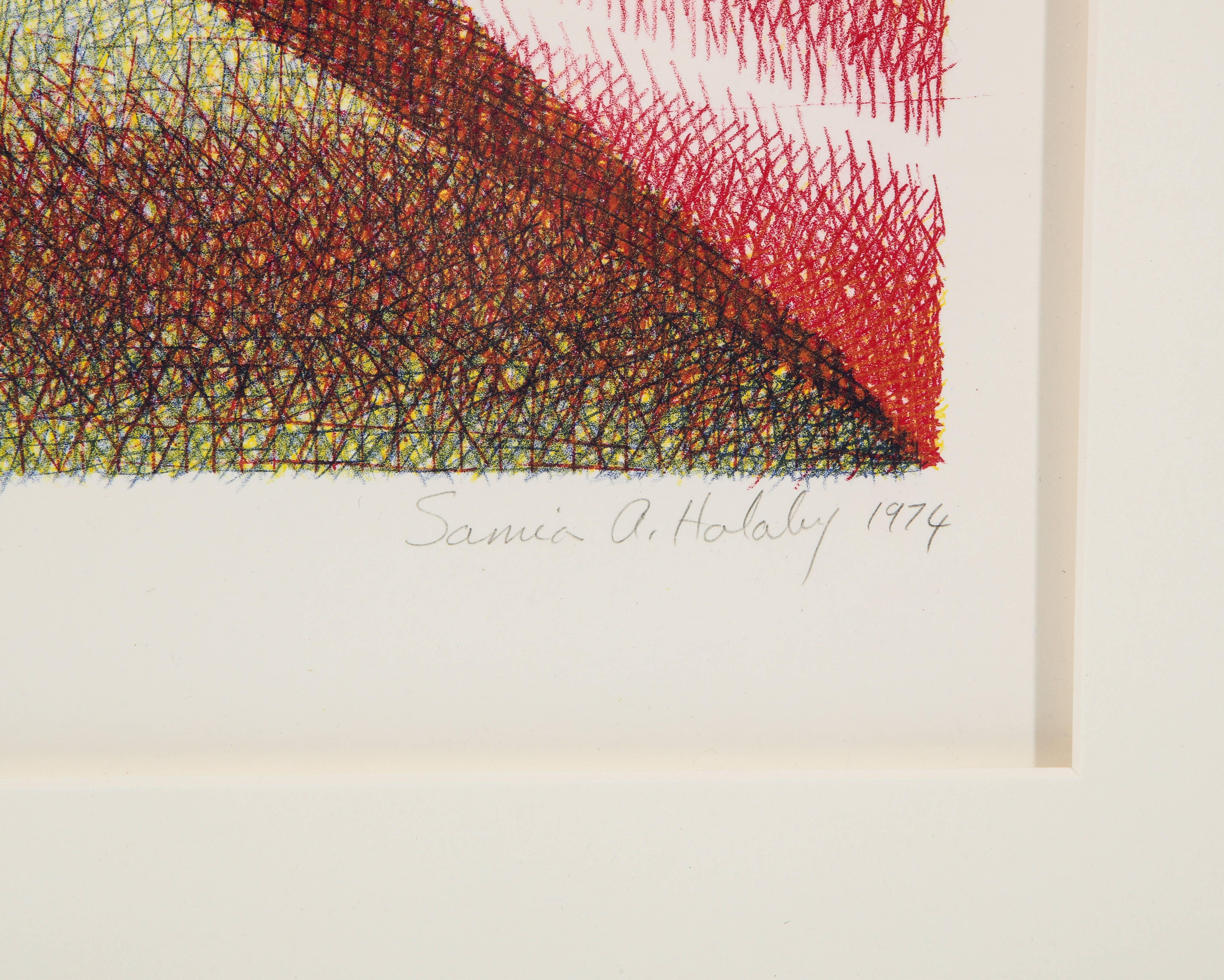 American Samia Halaby Abstract Lithograph, Red, White, Green, Signed