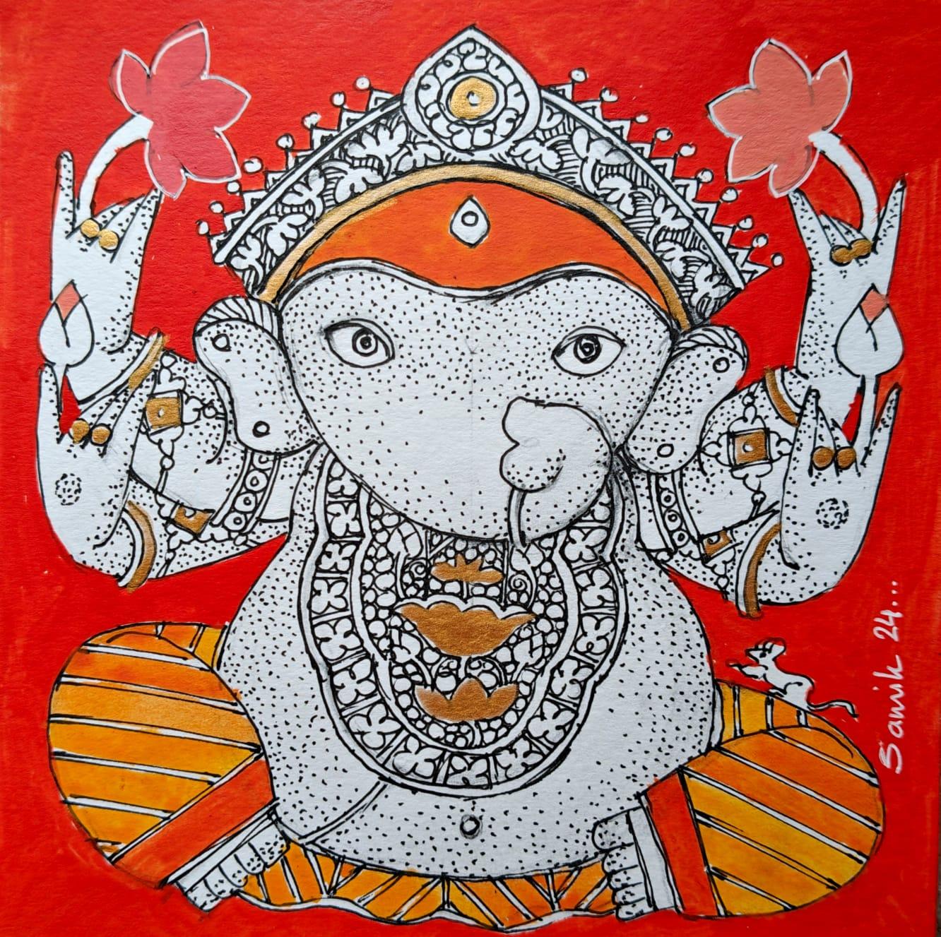Ganesha, Figurativo, Acrilico su carta, Artista Indiano Contemporaneo-In 