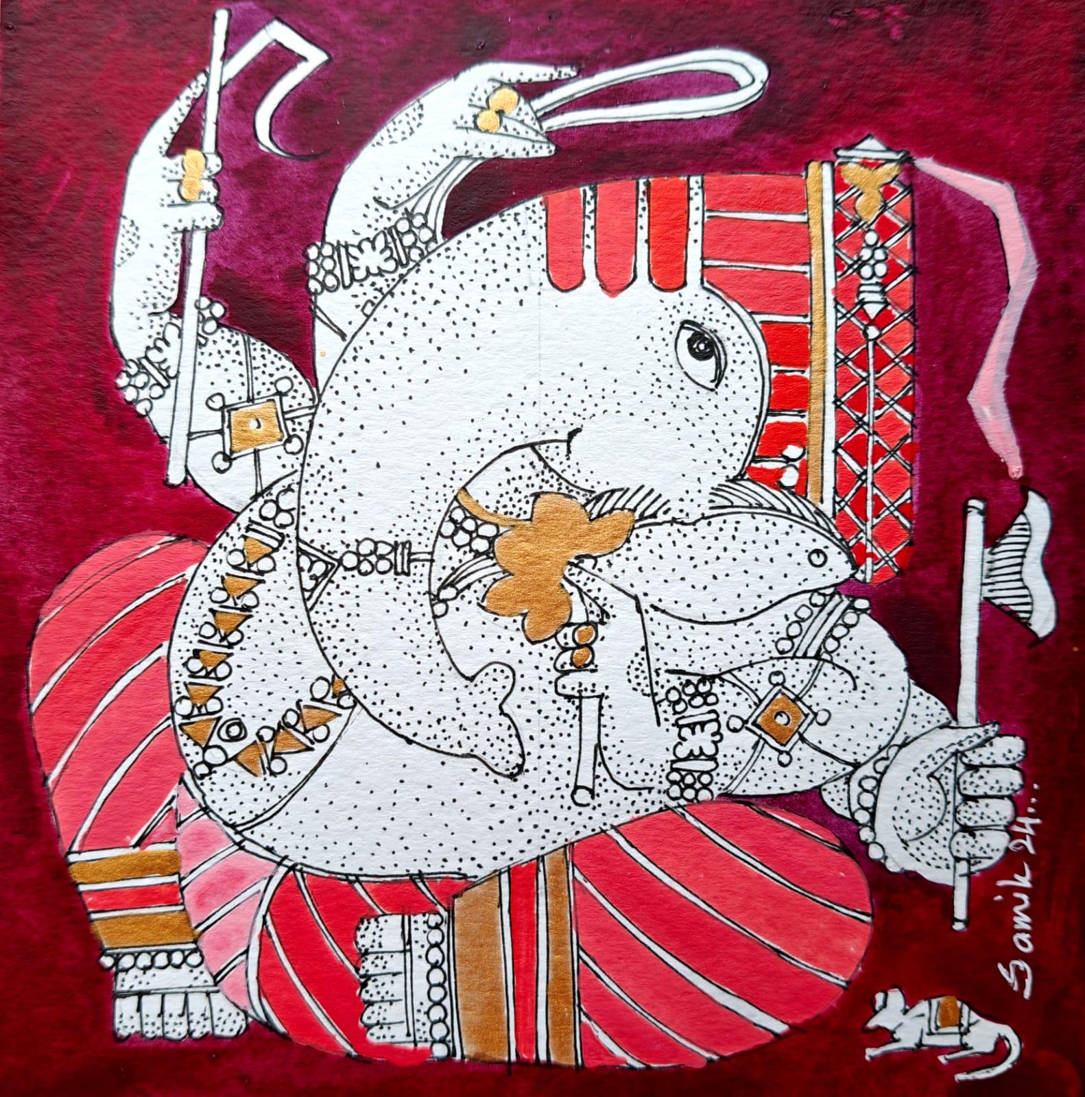 Ganesha, Figurativo, Acrilico su carta, Artista Indiano Contemporaneo-In 