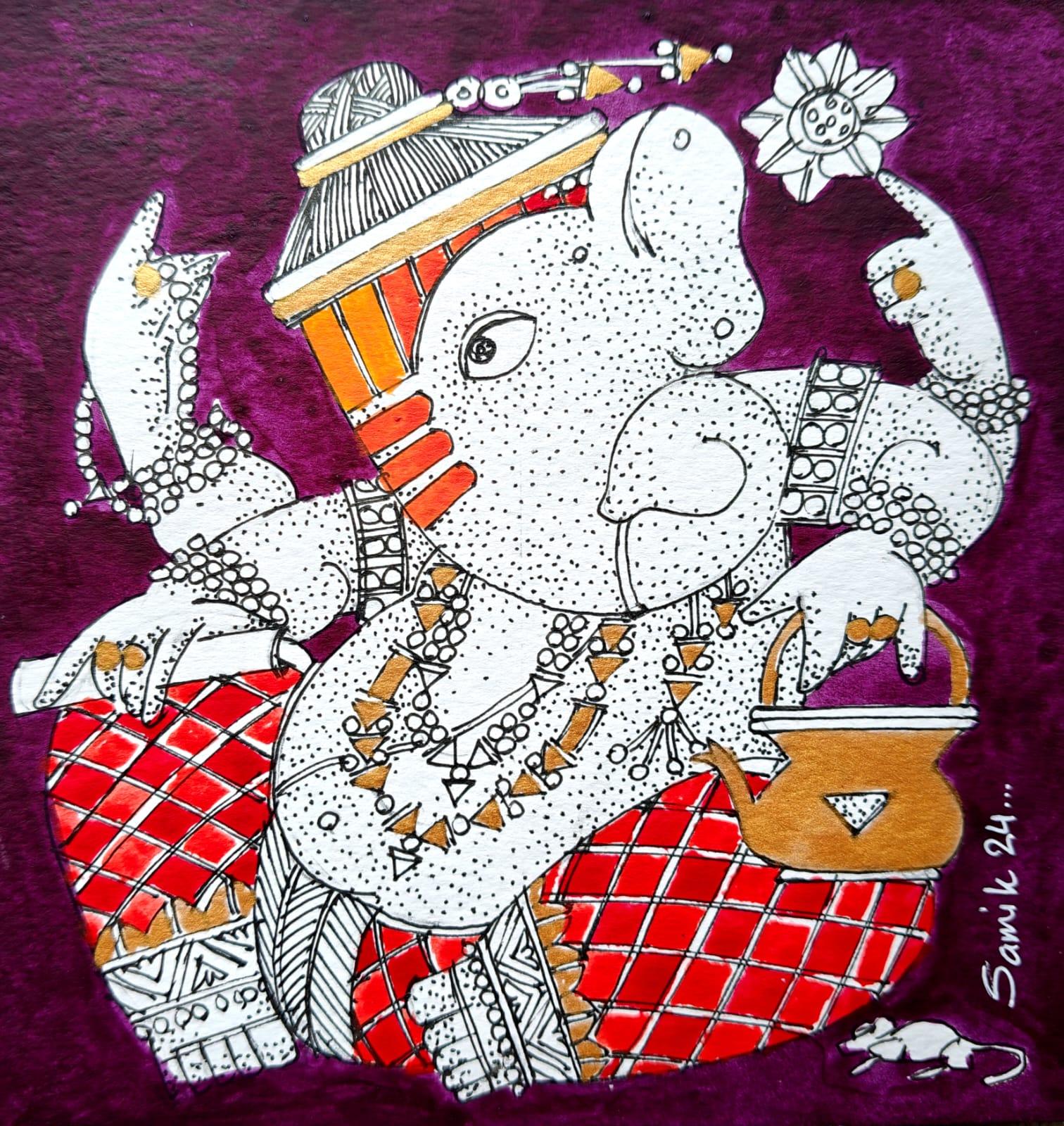 Samik De - Ganesha
Acrilico su carta
6 x 6 pollici, 2024
( Set di 6 opere )
( NON RIVESTITO  &  CONSEGNATO )

Stile : I dipinti di Sekhar Kar raffigurano uomini e donne in vorticose masse di colore con pozzi neri di vuoto al posto degli occhi.