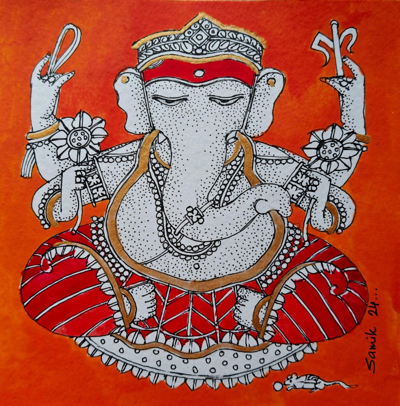 Ganesha, Figurativo, Acrilico su carta, Artista Indiano Contemporaneo-In 