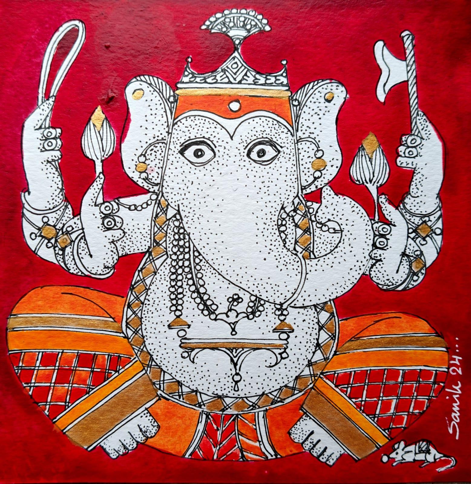 Ganesha, Figurativo, Acrilico su carta, Artista Indiano Contemporaneo-In 