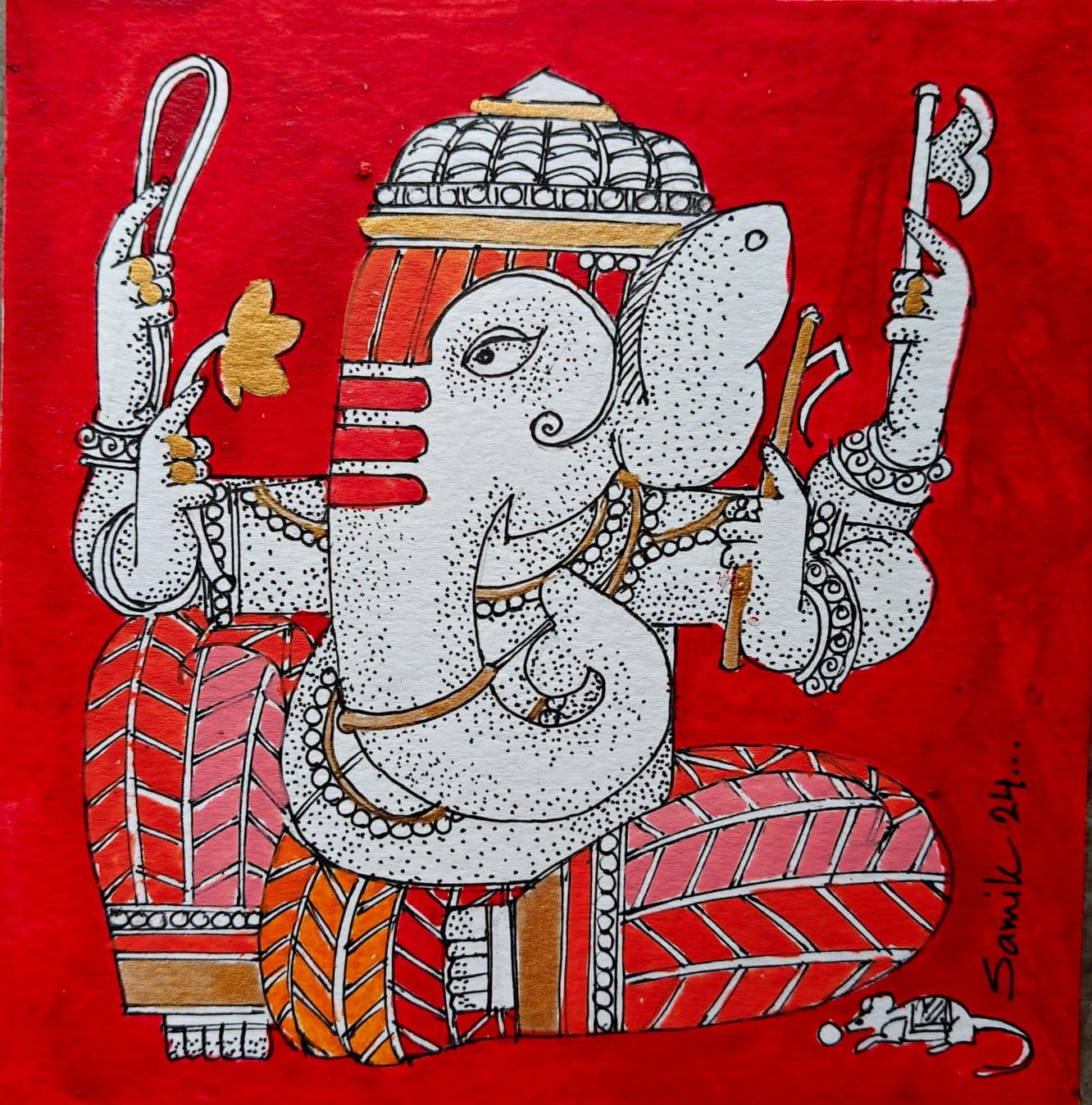Ganesha, Figurativo, Acrilico su carta, Artista Indiano Contemporaneo-In 