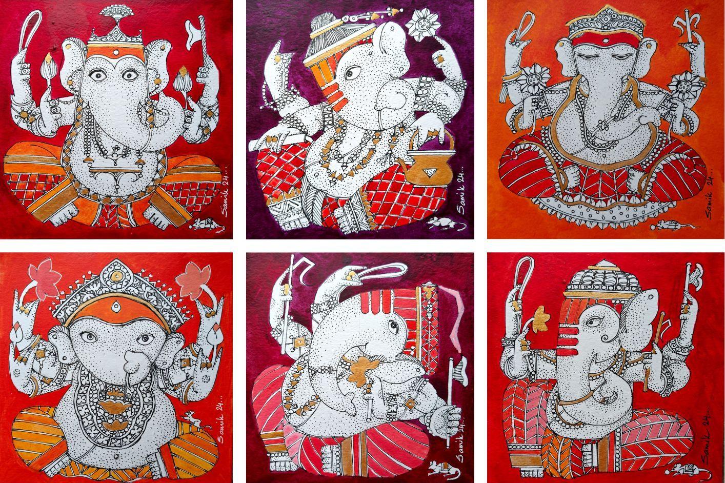 Figurative Painting di Samik De - Ganesha, Figurativo, Acrilico su carta, Artista Indiano Contemporaneo-In "Stock"
