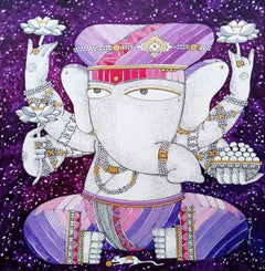 Ganesha, Figurativo, Acrílico sobre papel, Artista contemporáneo indio-En "Stock"