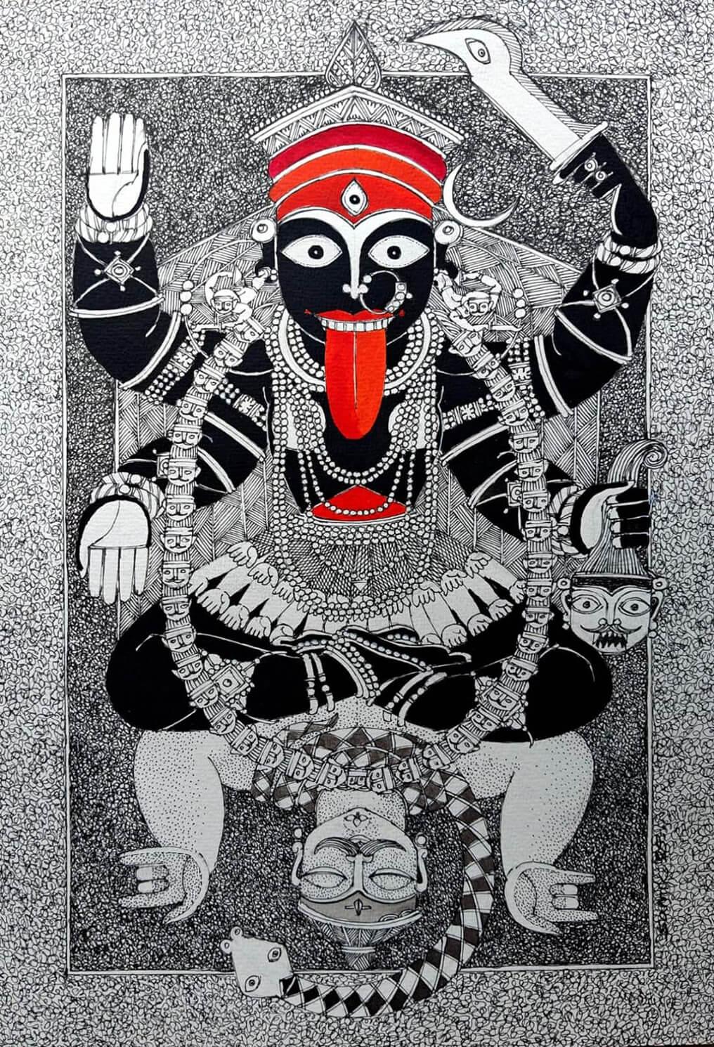 Samik De Figurative Painting - Kali, Figurative, Acrylic on Paper, Indian Contemporary Artist-In "Stock"
