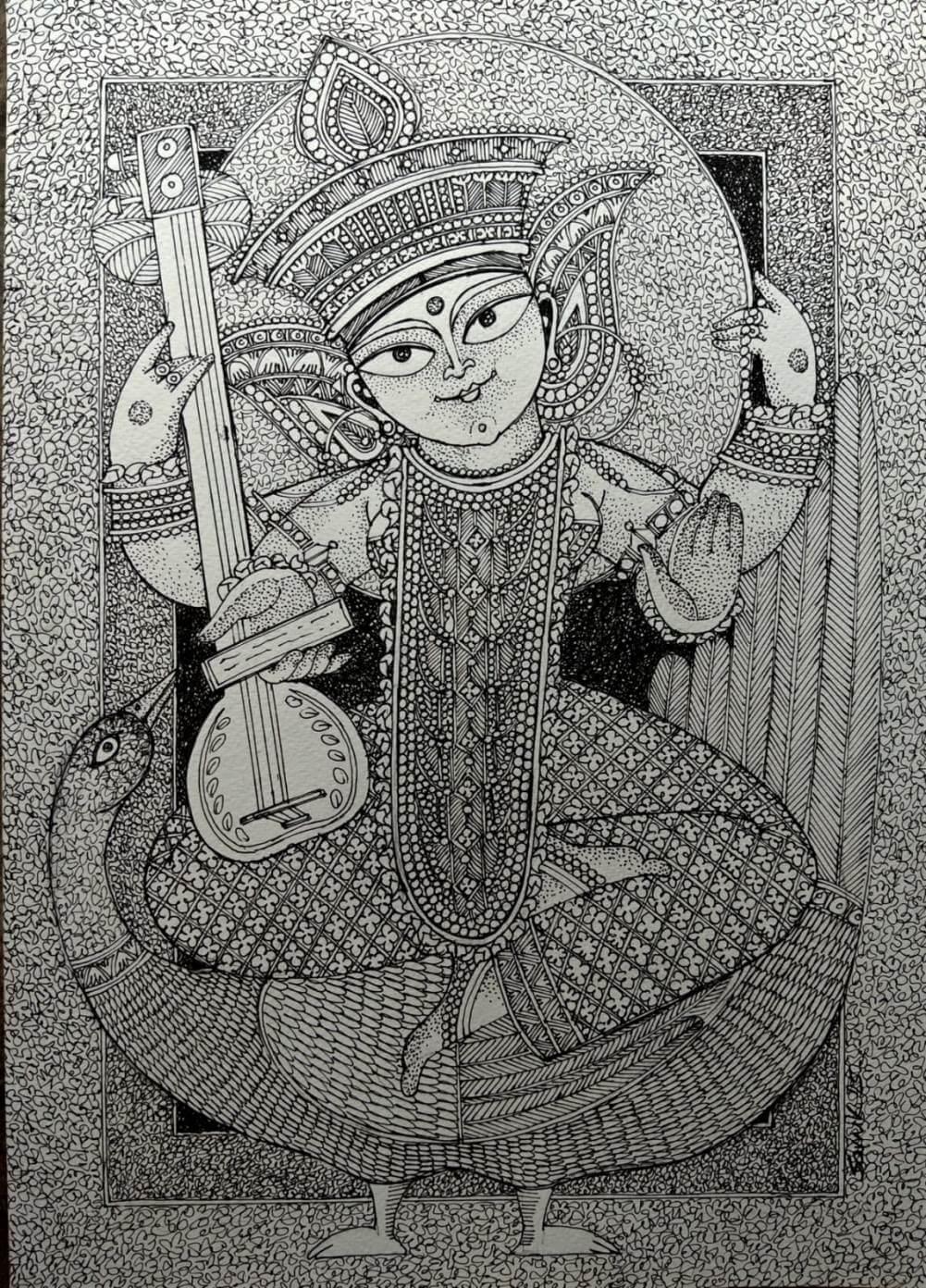 Figurative Painting de Samik De - Saraswati, Figurativo, Acrílico sobre papel, Artista contemporáneo indio-En "Stock"