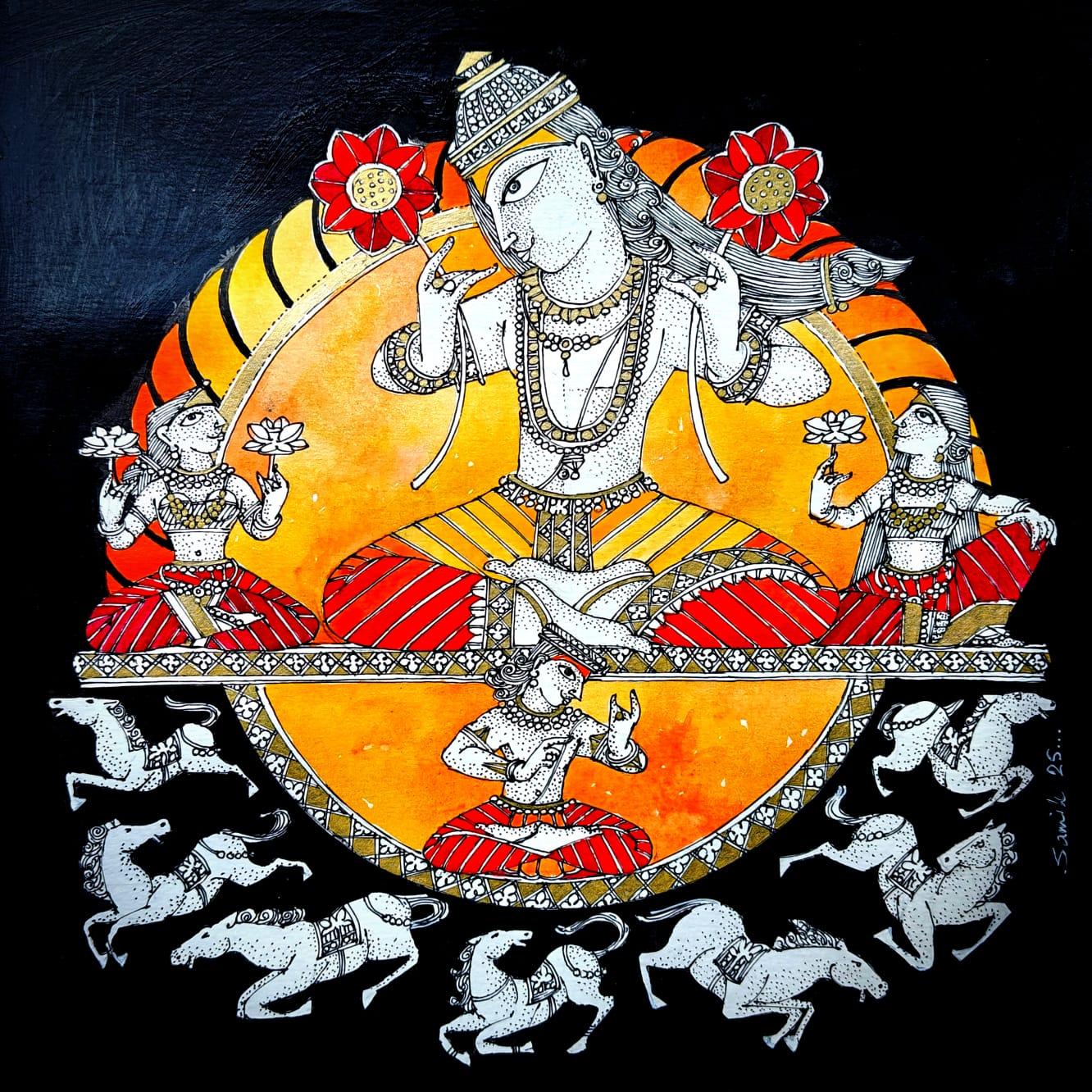 Surya, Figurativo, Acrilico su carta, Artista indiano contemporaneo-In "Stock" - Mixed Media Art di Samik De