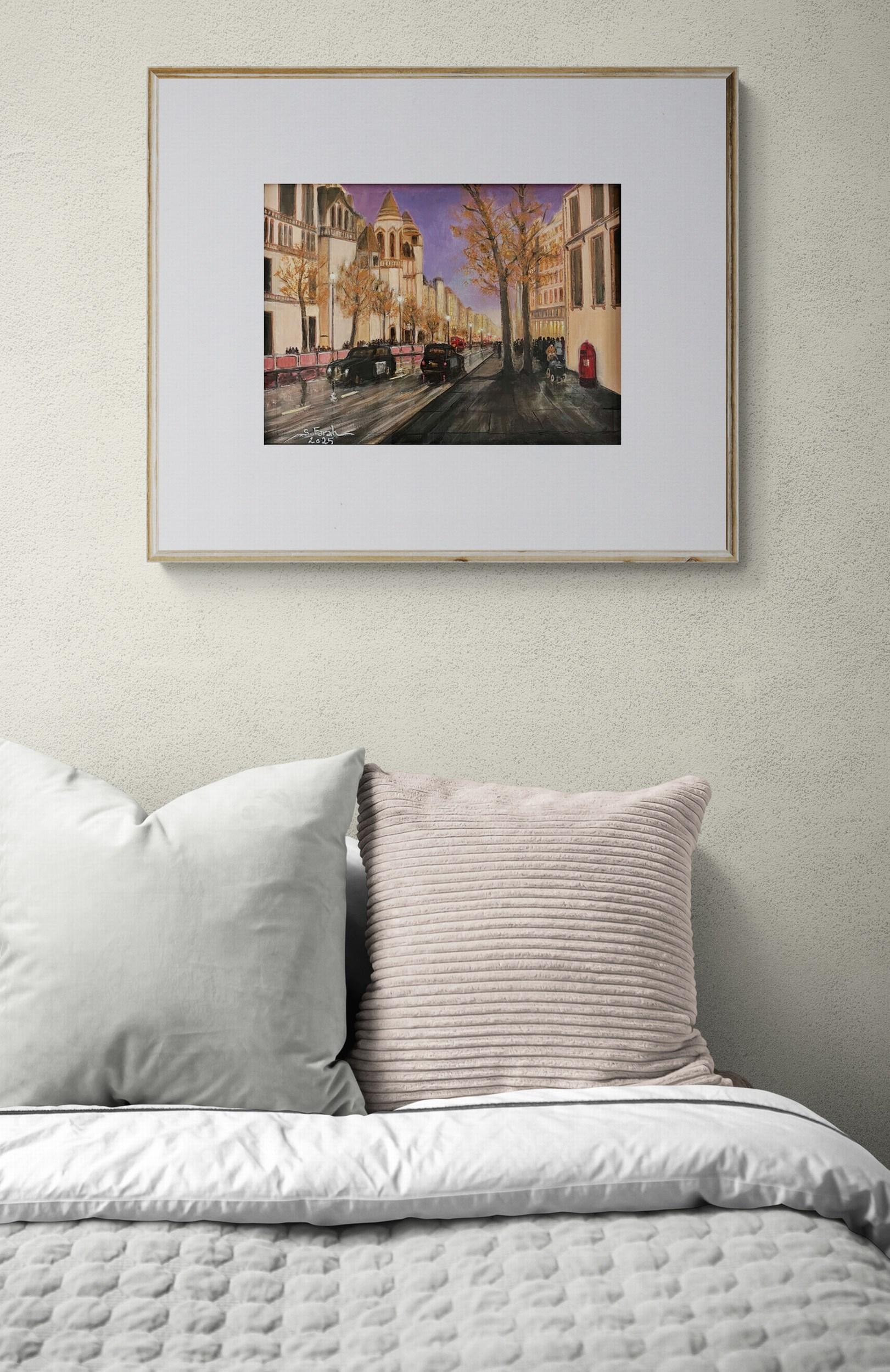 Abend in London (ikonisch, Stadtbild, warm, leuchtend, ~26% OFF) – Painting von Samir Farah