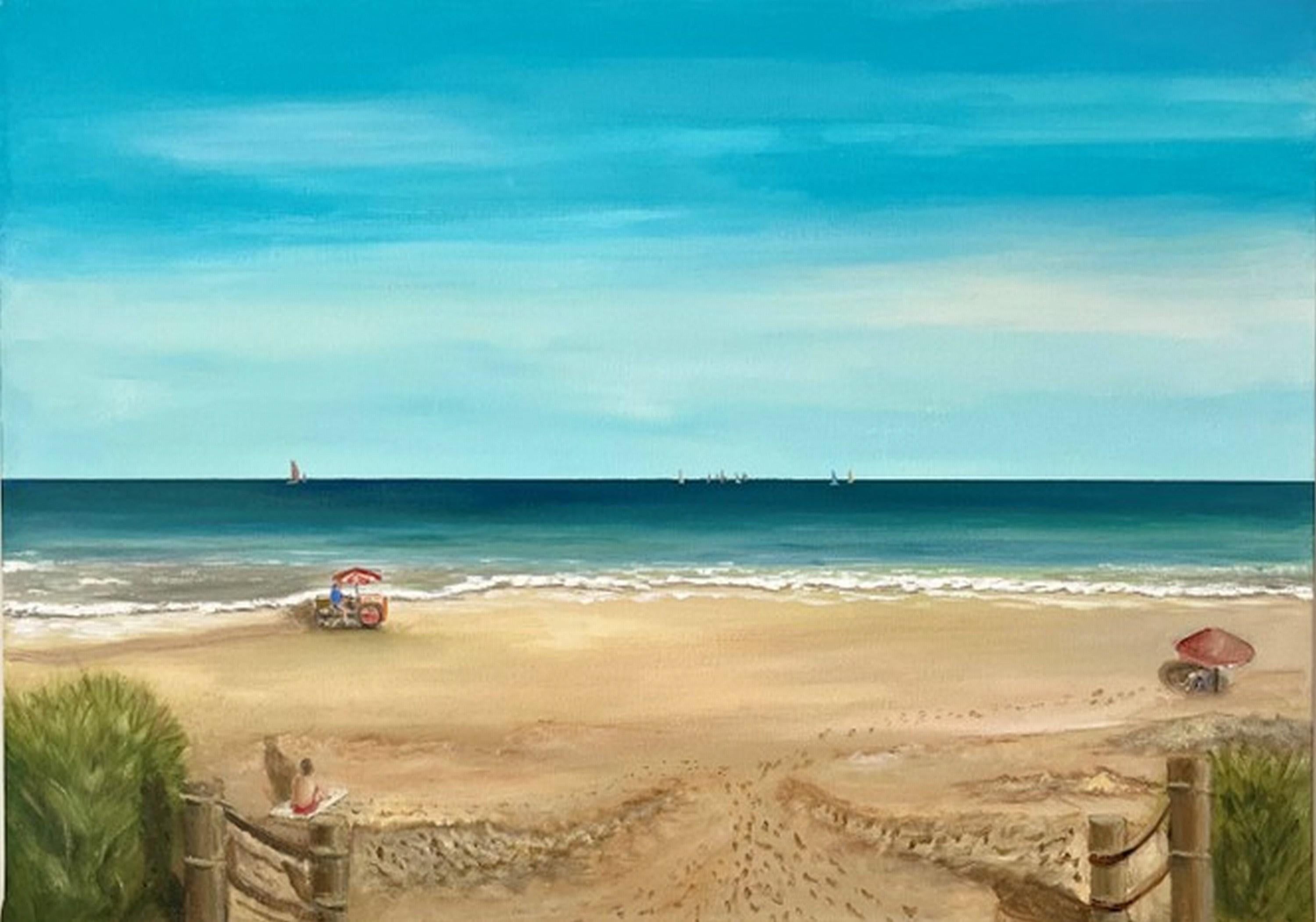 Samir Farah Landscape Painting – Morning Ice Cream Sellers on the Beach (Beruhigend, friedlich, Carnac, ~26% OFF)