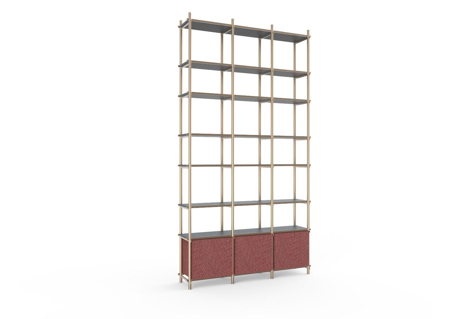 Italian Samir II Luxury Bookshelf, Interlocking Metal Structure, Wooden Shelves For Sale