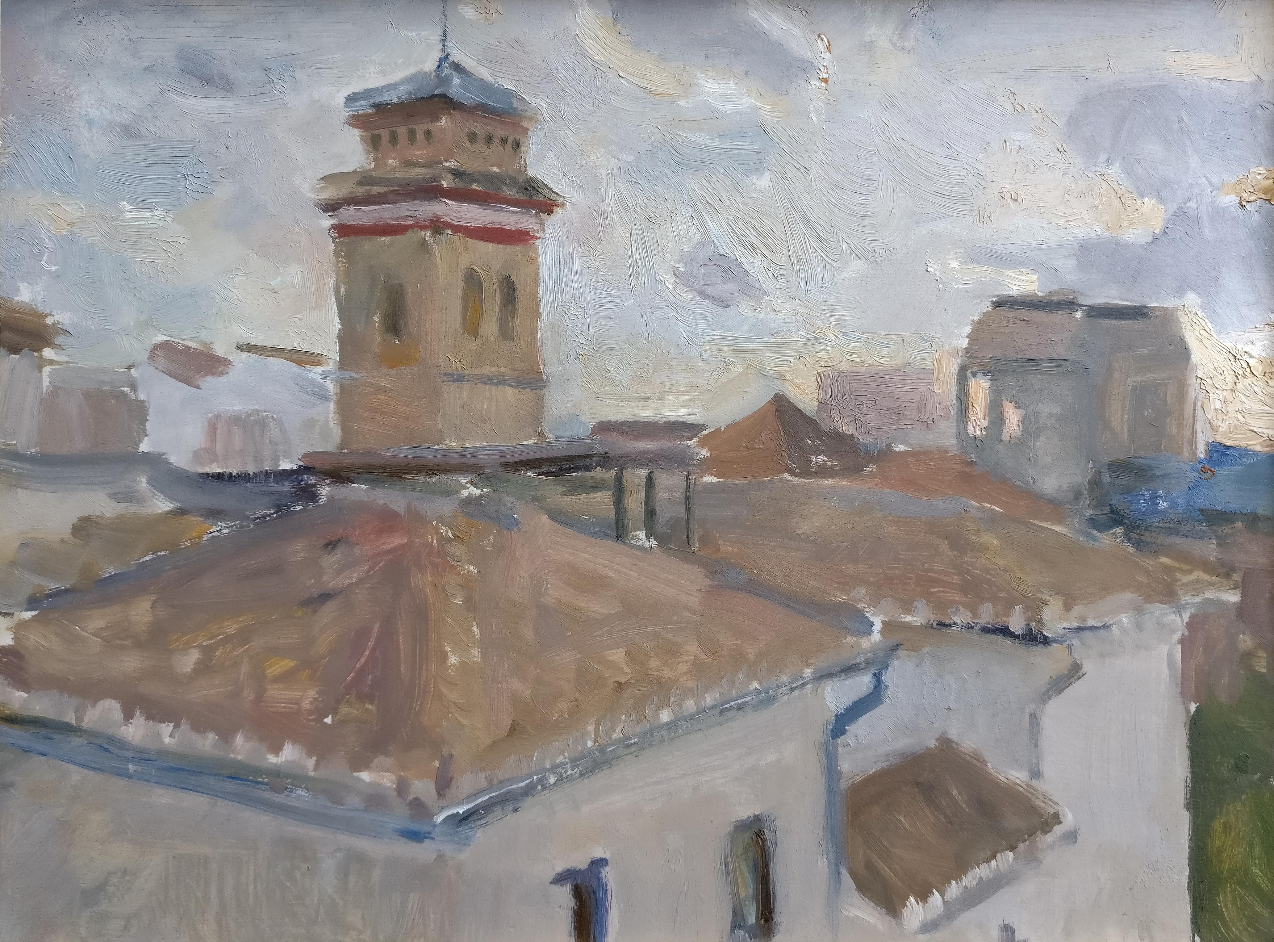 Samir Rakhmanov Figurative Painting - Rooftops in Granada - 21st Century Contemporary Spain Urban Oil Painting