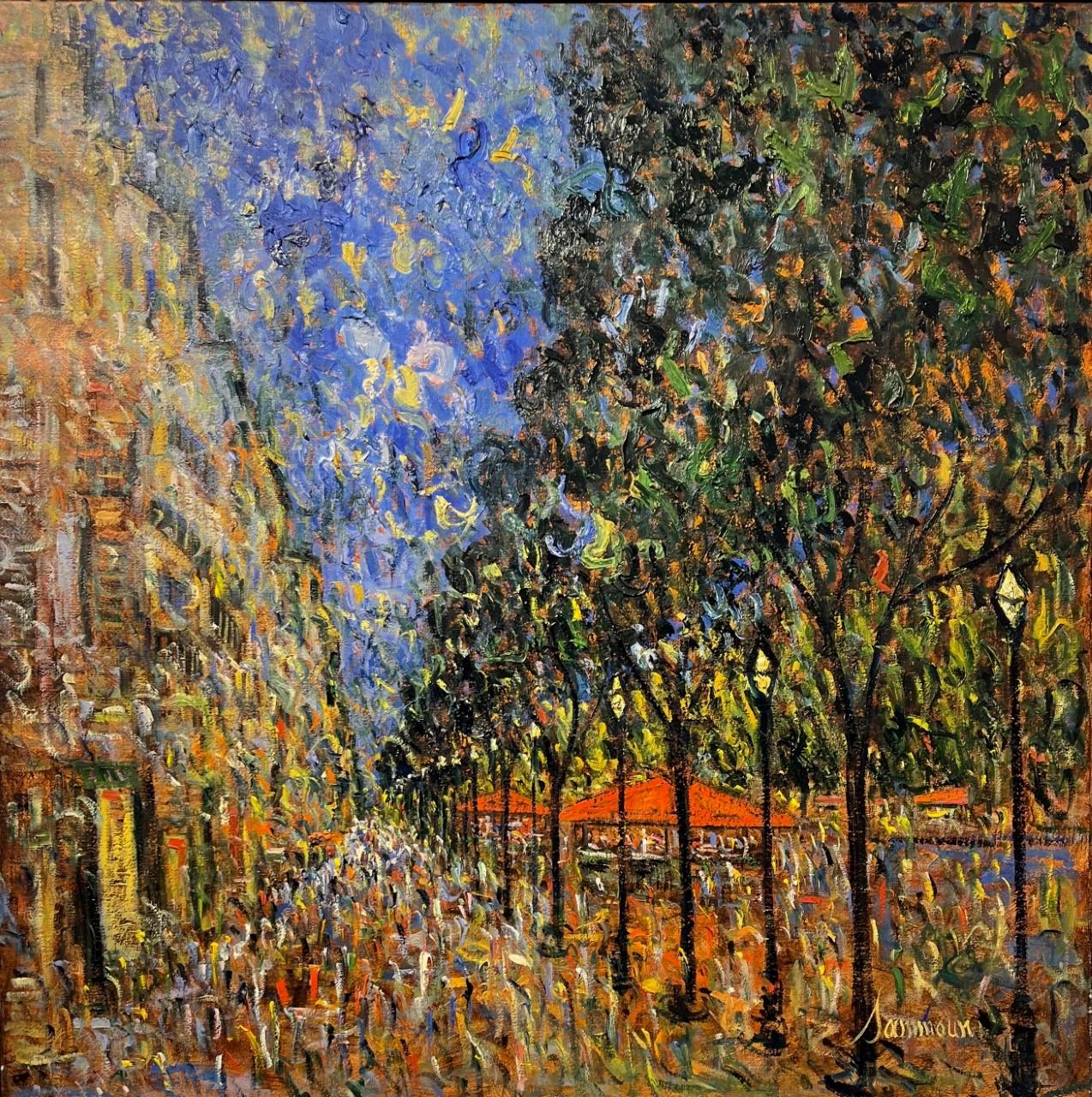 Landscape Painting de Samir Sammoun - Paisaje nocturno postimpresionista contemporáneo "Une Soirée à Paris" (Una noche en París)