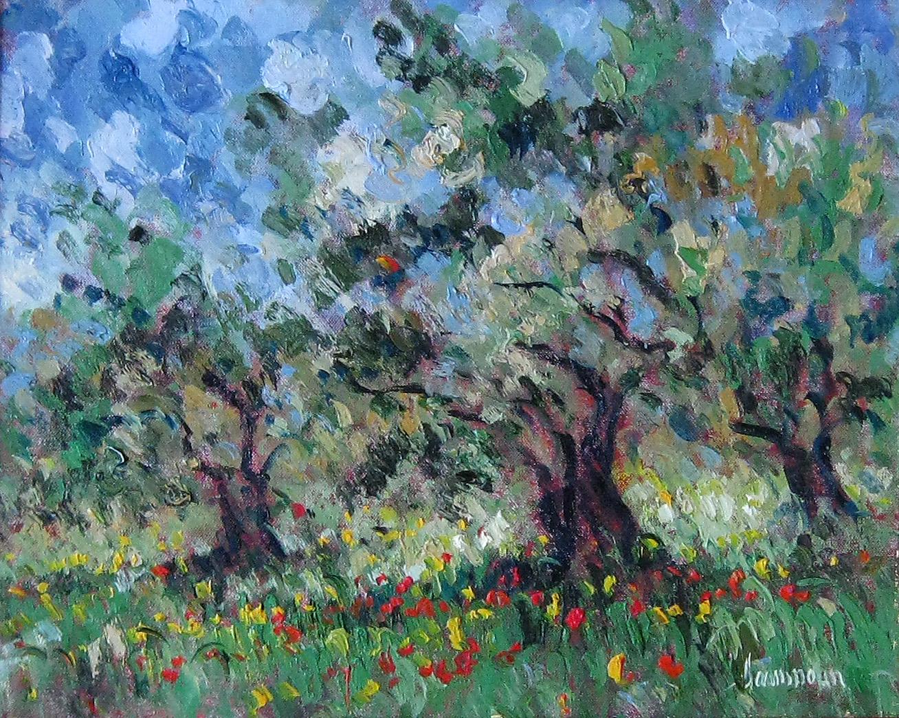 Olive and Poppies  - Painting by Samir Sammoun