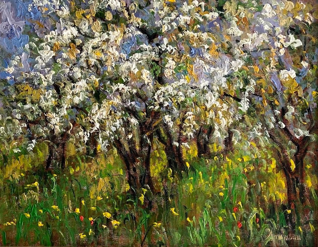 Pommiers en Fleurs St. Hilaire, original 24x30 French Impressionist landscape - Painting by Samir Sammoun