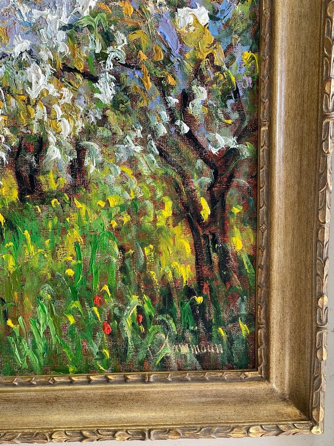 Pommiers en Fleurs St. Hilare is a present day classic French impressionist landscape resplendent with thick layers of impasto oil paint that add motion and excitement to the original 24x30 work of art.  The stout apple trees sway in the wind with