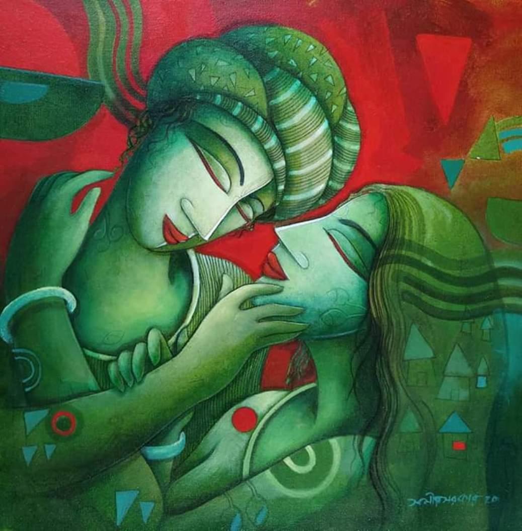 Interior Painting Samir Sarkar - Couple, acrylique sur toile par un artiste indien contemporain En stock