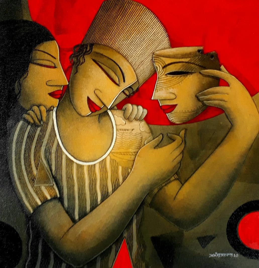 Figurative Painting Samir Sarkar - Couple with a Mask, acrylique sur toile d'un artiste indien contemporain, en stock