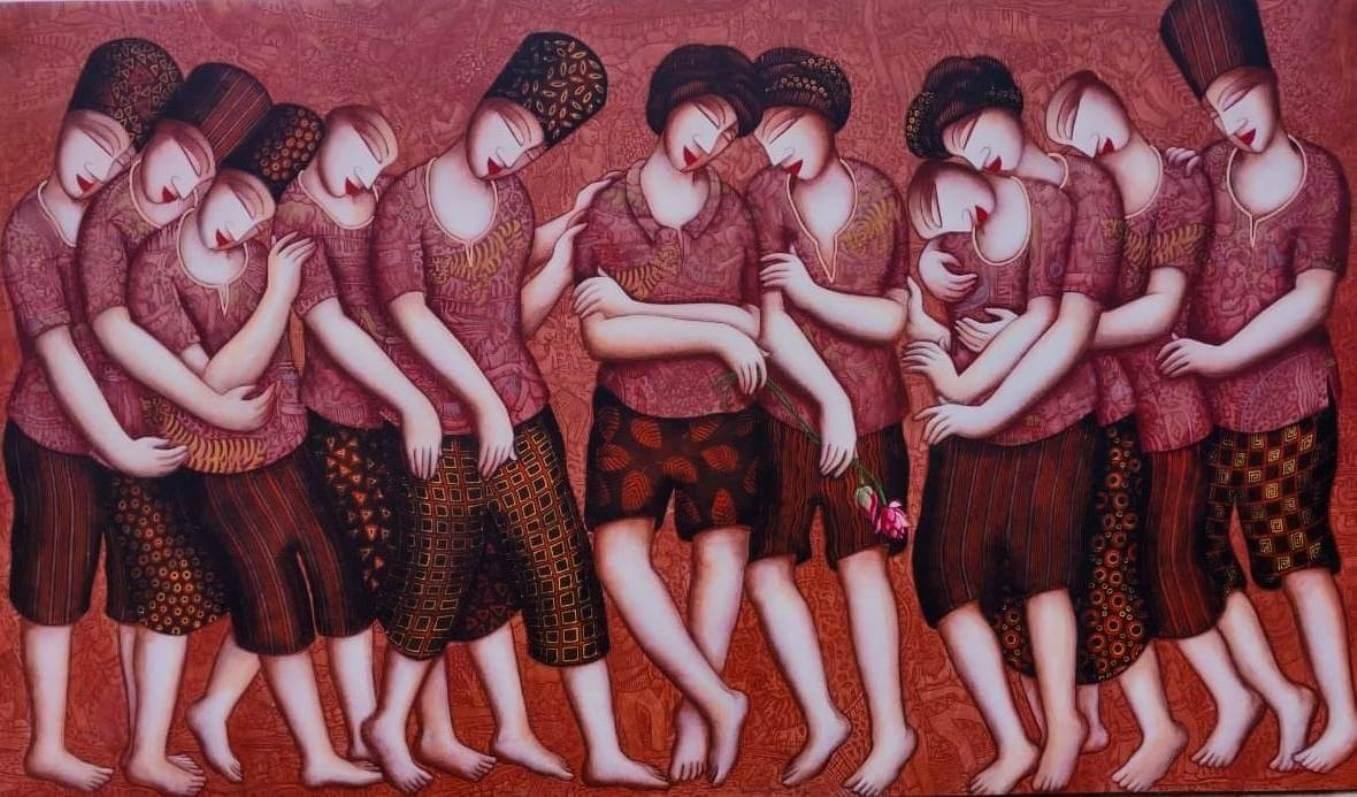 Interior Painting de Samir Sarkar - Amistad, Figurativo, Acrílico sobre lienzo, Artista indio contemporáneo "En Stock"