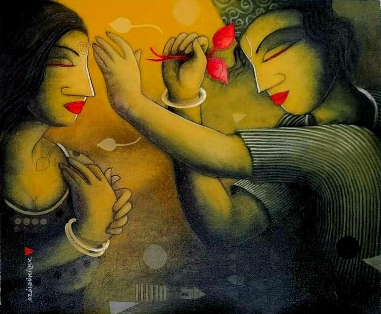 Samir Sarkar Figurative Painting - Love Pair, Acrylic on Canvas by Contemporary Indian Artist “In Stock”