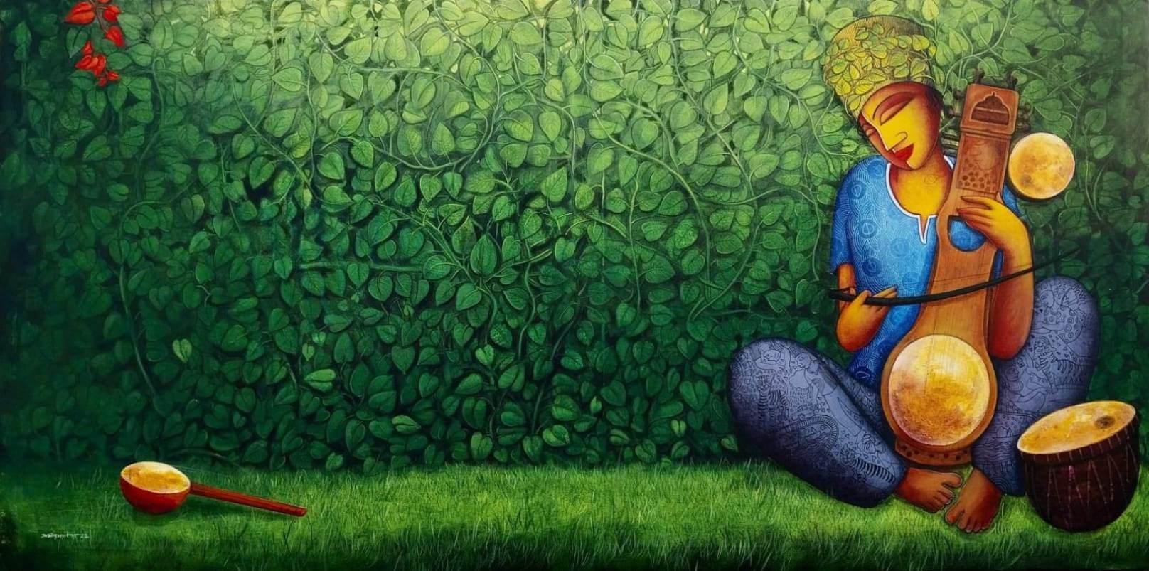 Sans titre, figuratif, acrylique sur toile, vert, jaune de l'artiste indien, en stock
