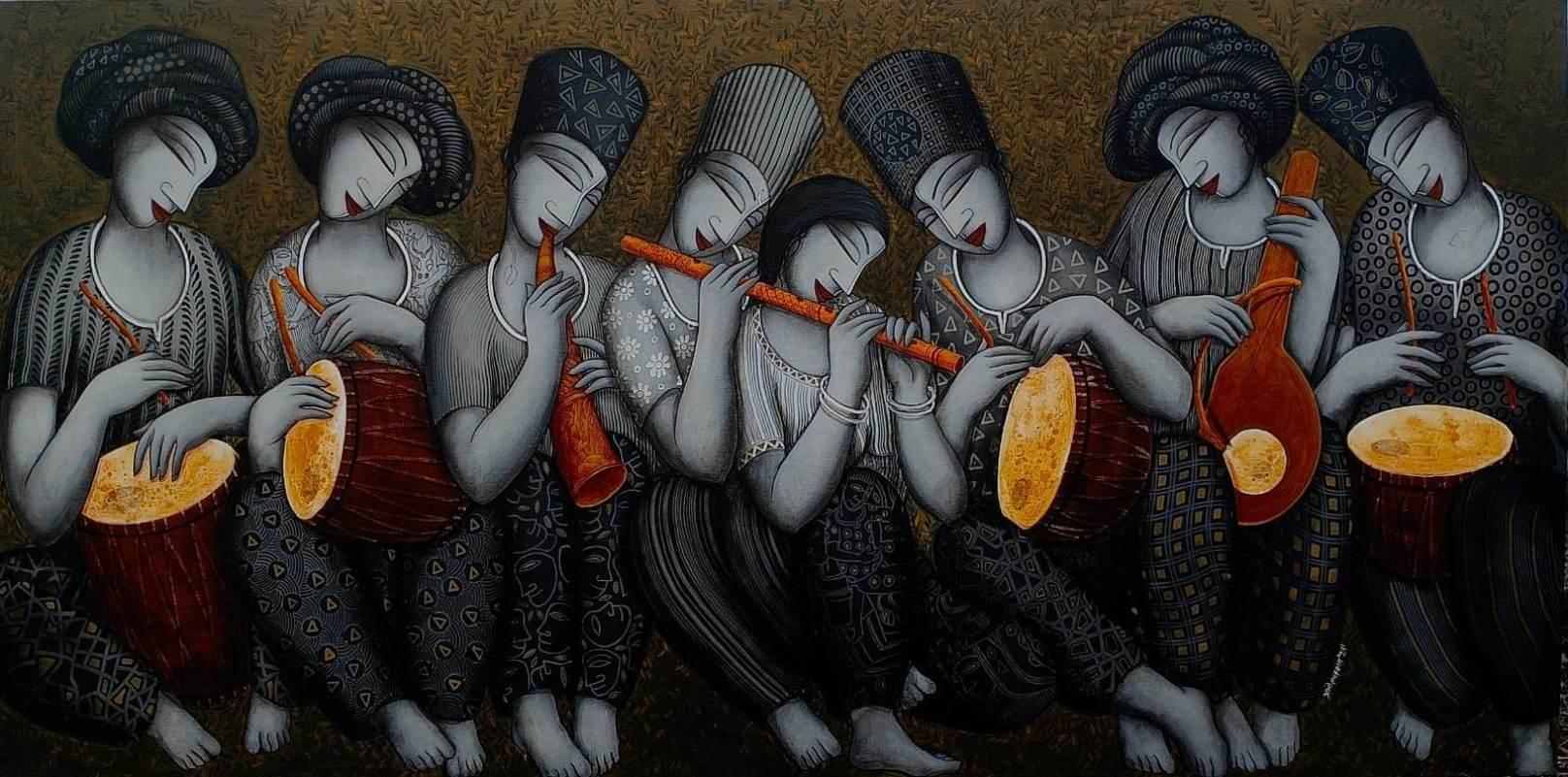 Sans titre, figuratif, acrylique sur toile, vert, jaune de l'artiste indien, en stock